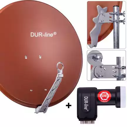 DUR-line 4 Teilnehmer Set 80 cm - Qualitäts-Sat-Komplettanlage 12362 Select 75cm/80cm ALU Spiegel/Schüssel + Quad LNB ziegelrot - für 4 Receiver/TV [Neuste Technik DVB-S2 4K 3D]