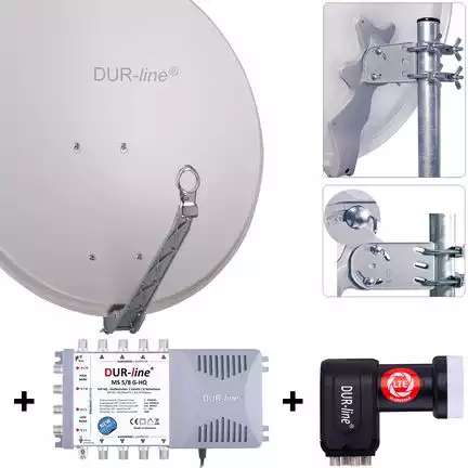 DUR-line 8 Teilnehmer Set 80 cm - Qualitäts-Sat-Komplettanlage 12380 Select 75cm/80cm ALU Spiegel/Schüssel + Multischalter + LNB hellgrau - für 8 Receiver/TV [Neuste Technik DVB-S2 4K 3D]