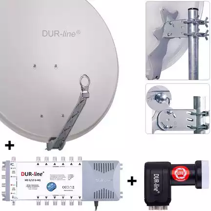 11111DUR-line 12 Teilnehmer Set 80 cm - Qualitäts-Sat-Komplettanlage 12385 Select 75cm/80cm ALU Spiegel/Schüssel + Multischalter + LNB hellgrau - für 12 Receiver/TV [Neuste Technik DVB-S2 4K 3D]