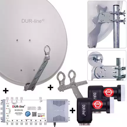 DUR-line 8 Teilnehmer Set 80 cm - Qualitäts-Sat-Komplettanlage 12395 Select 75cm/80cm ALU Spiegel/Schüssel + Multischalter + 2x LNB hellgrau - für 8 Receiver/TV [Neuste Technik DVB-S2 4K 3D]