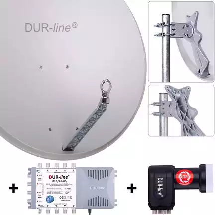 DUR-line 8 Teilnehmer Set 90 cm - Qualitäts-Sat-Komplettanlage 12433 Select 85cm/90cm ALU Spiegel/Schüssel + Multischalter + LNB hellgrau - für 8 Receiver/TV [Neuste Technik DVB-S2 4K 3D]