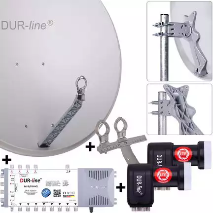 DUR-line 8 Teilnehmer Set 90 cm - Qualitäts-Sat-Komplettanlage 12439 Select 85cm/90cm ALU Spiegel/Schüssel + Multischalter + 2x LNB hellgrau - für 8 Receiver/TV [Neuste Technik DVB-S2 4K 3D]