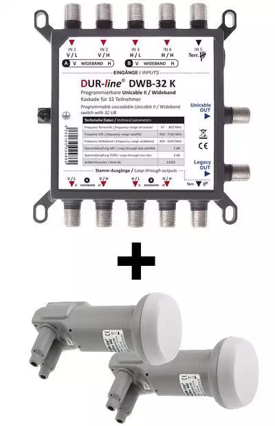 11111DUR-line DWB-32 K LNB Wideband Unicable I + II Kaskade mit 2 Wideband LNBs für 16 Teilnehmer programmiert für 2x 8 Teilnehler