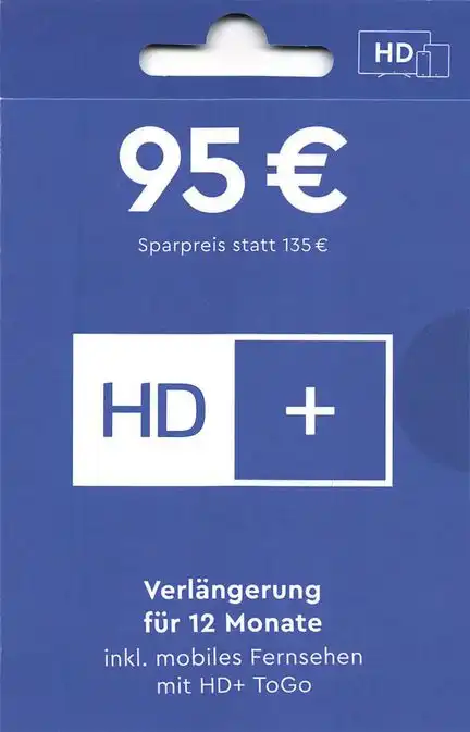 HD Verlängerungscode mit HD+ ToGo sofort (24/7 Service) per E-Mail 12 Monate verlängern inkl. ToGo Zusendung per E-Mail passend für alle HD+ Karten HD+ TV-Keys und alle aktuellen Geräte wo HD+ bereits fest drin integriert ist