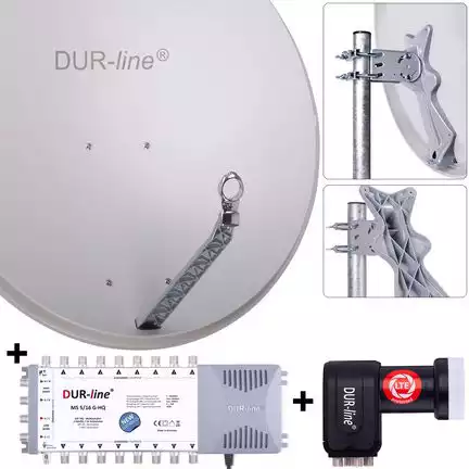 DUR-line 16 Teilnehmer Set 90 cm - Qualitäts-Sat-Komplettanlage 31315 Select 85cm/90cm ALU Spiegel/Schüssel + Multischalter + LNB hellgrau - für 16 Receiver/TV [Neuste Technik DVB-S2 4K 3D]