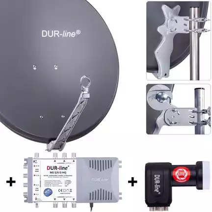 11111DUR-line 6 Teilnehmer Set 80 cm - Qualitäts-Sat-Komplettanlage 31474 Select 75cm/80cm ALU Spiegel/Schüssel + Multischalter + LNB anthrazit - für 6 Receiver/TV [Neuste Technik DVB-S2 4K 3D]