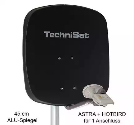 111111 Teilnehmer Sat-Anlage Astra / Hotbird - TechniSat DigiDish 45A + MBS 1 Anschluss anthrazit mit Maximum Single Monoblock 4K / 3D / HDTV ready inkl. Masthalterung