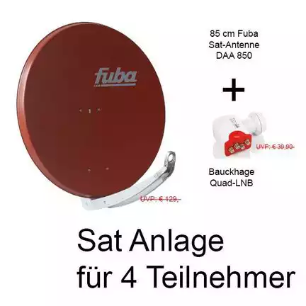 4 Teilnehmer Sat-Anlage - Fuba Bundle F8540QSR Schüsselgröße: 85 cm 4 Anschlüsse ziegelrot DAA850 Sat-Antenne + Bauckhage Quad LNB 4K ready