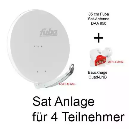 4 Teilnehmer Sat-Anlage - Fuba Bundle F8540QSW Schüsselgröße: 85 cm 4 Anschlüsse weiß DAA850 Sat-Antenne + Bauckhage Quad LNB 4K ready