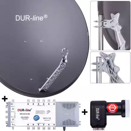 DUR-line 12 Teilnehmer Set 90 cm - Qualitäts-Sat-Komplettanlage 12437 Select 85cm/90cm ALU Spiegel/Schüssel + Multischalter + LNB anthrazit - für 12 Receiver/TV [Neuste Technik DVB-S2 4K 3D]