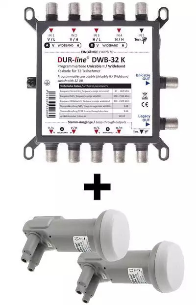 DUR-line DWB-32 K LNB Wideband Unicable I + II Kaskade mit 2 Wideband LNBs für 16 Teilnehmer programmiert für 2x 8 Teilnehler