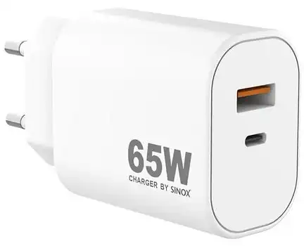 sinox Pro SXP 6065  USB-C / USB-A Schnellladegerät 65 Watt USB-C und USB-A Anschluss weiß