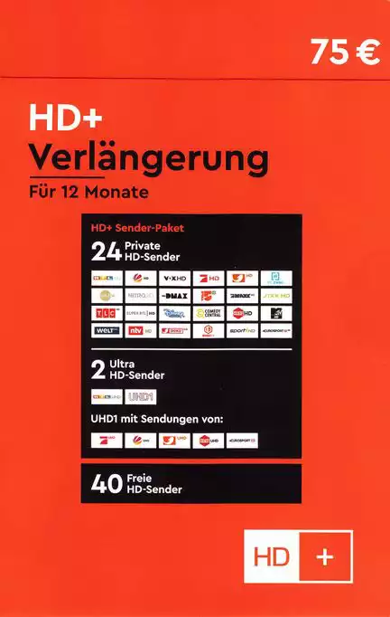 11111HD+ Verlängerung sofort (24/7 Service) per E-Mail 12 Monate verlängern Zusendung per E-Mail passend für alle HD+ Karten HD+ TV-Keys und alle aktuellen Geräte wo HD+ bereits fest drin integriert ist